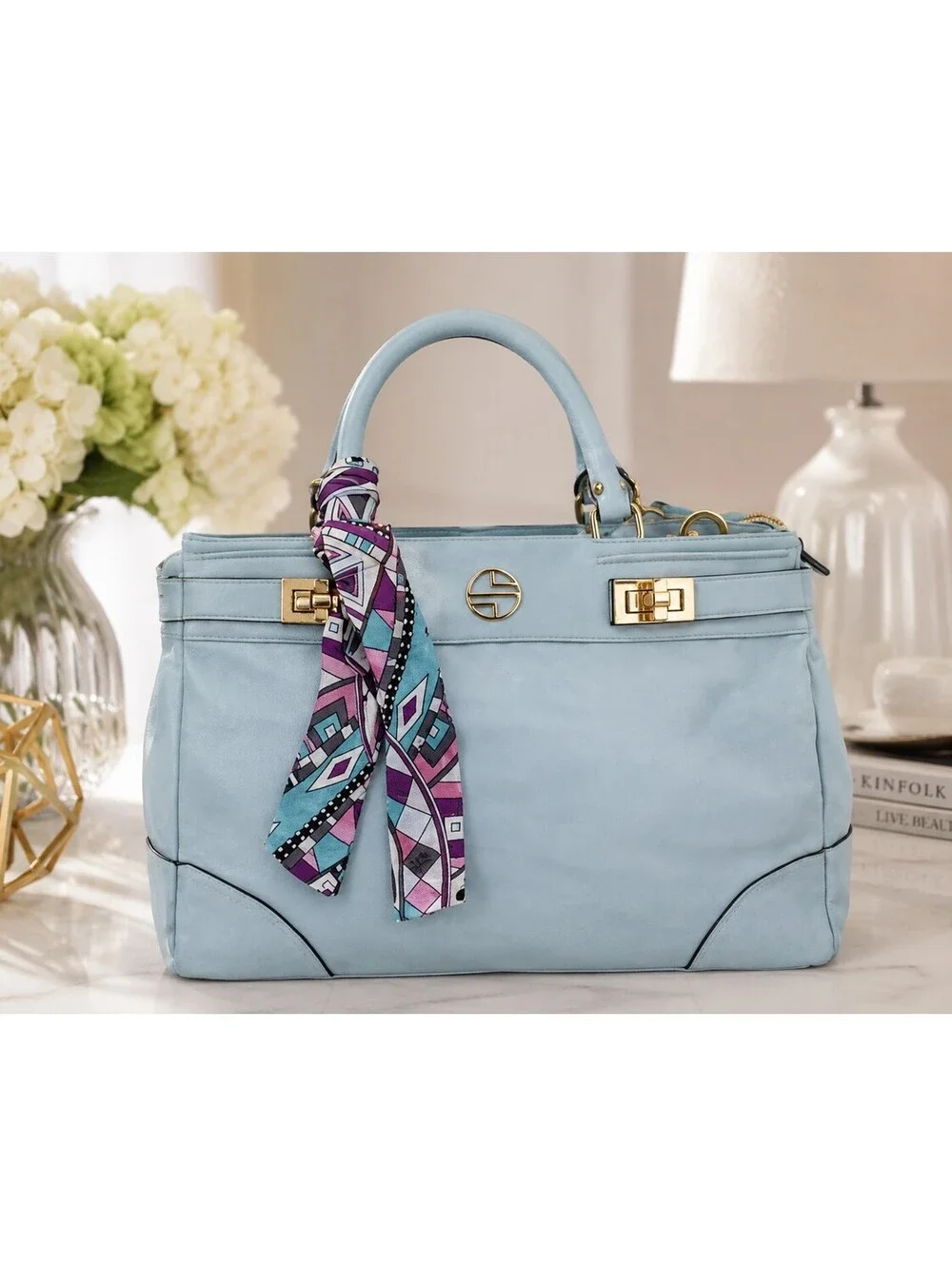 Segolene En Cuir Nadeen Powder Blue Leather Satchel Purse+Long Strap
